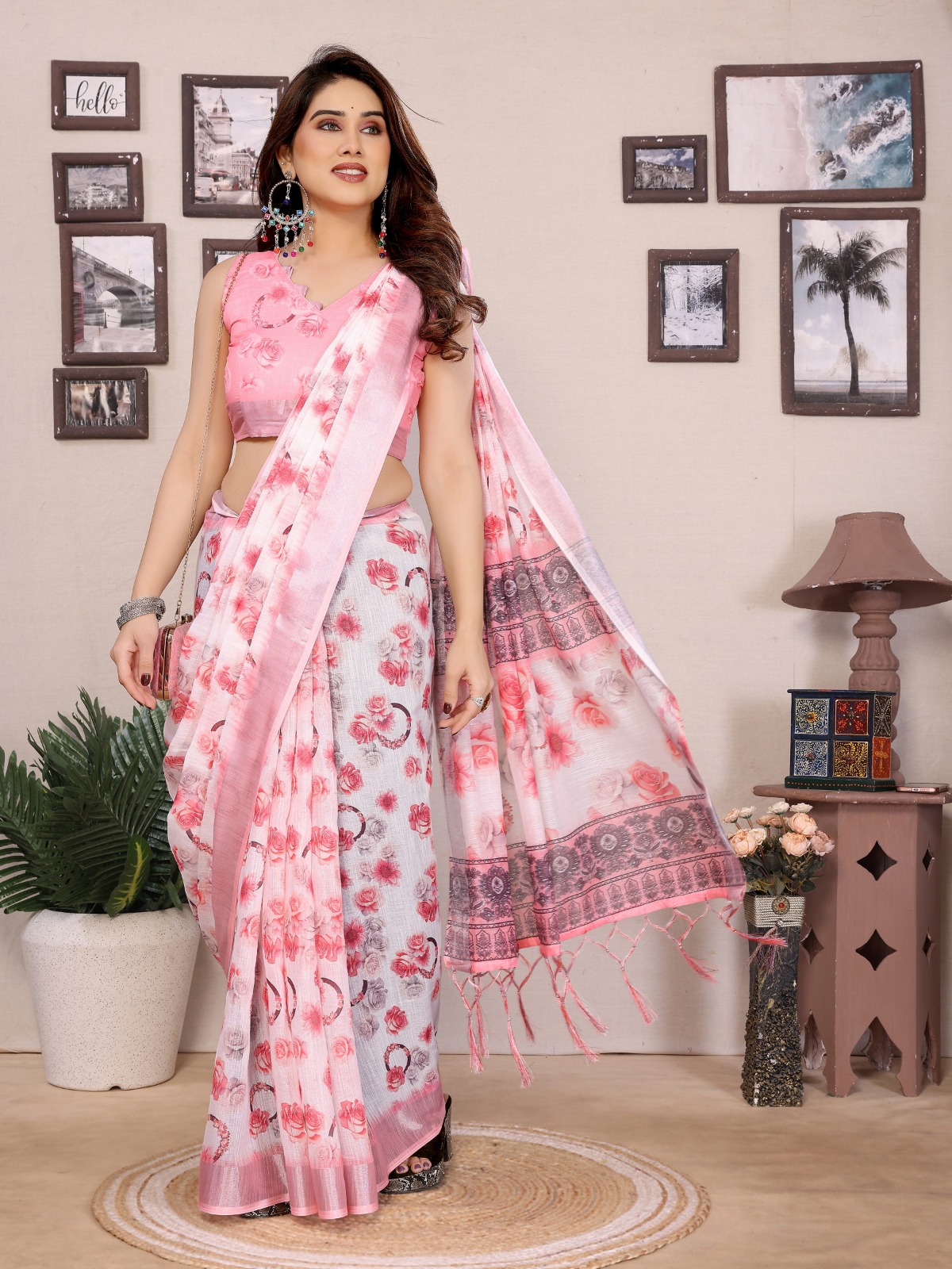 Pink Floral Printed Cotton Linen Saree with Tassels