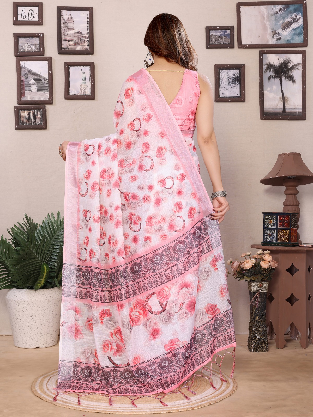 Pink Floral Printed Cotton Linen Saree with Tassels