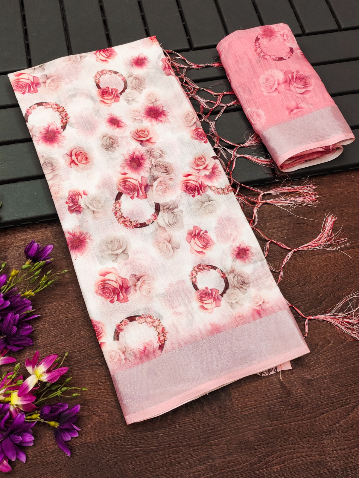Pink Floral Printed Cotton Linen Saree with Tassels