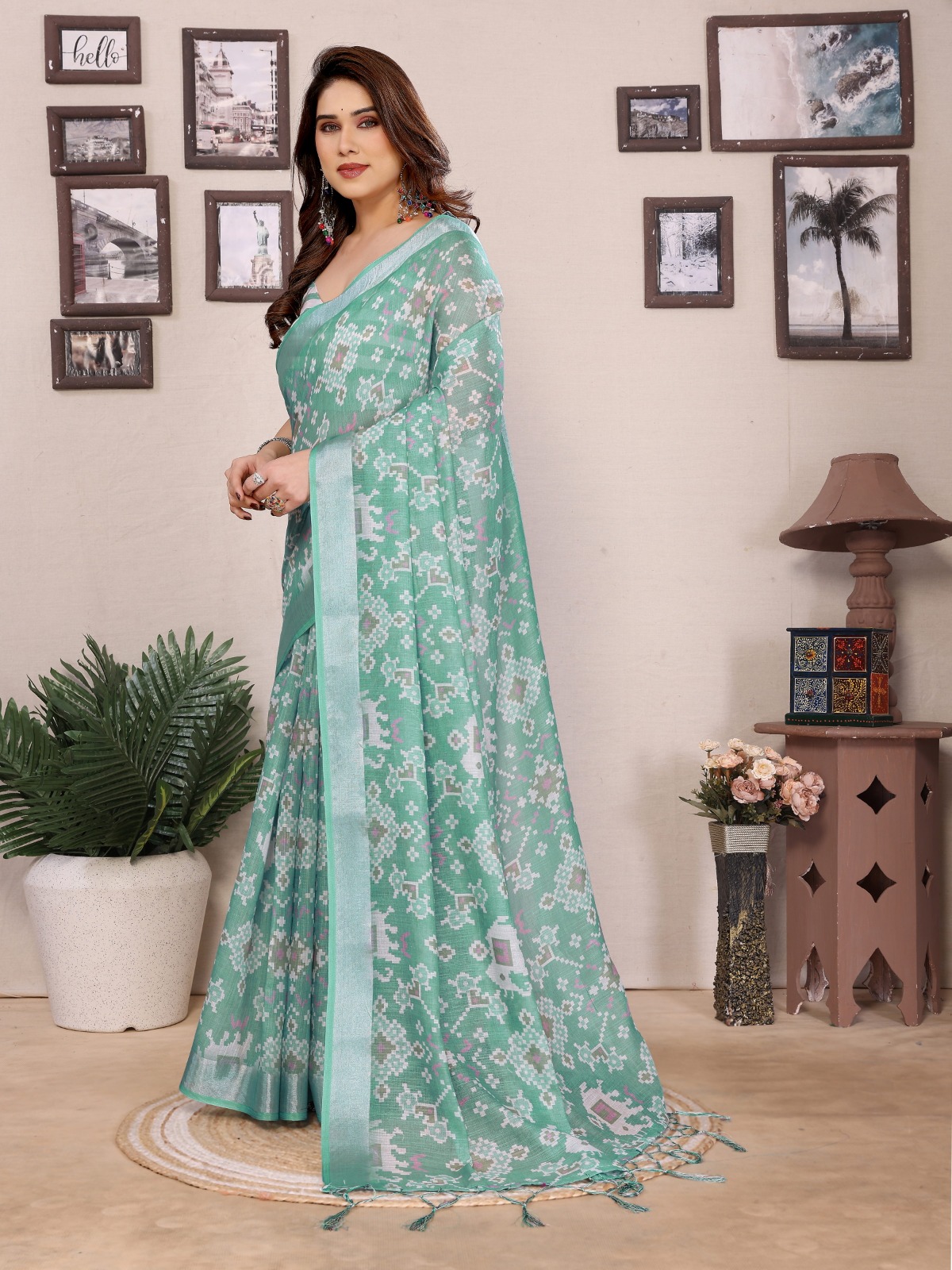 Sea Green Cotton Linen Printed Saree with Woven Border