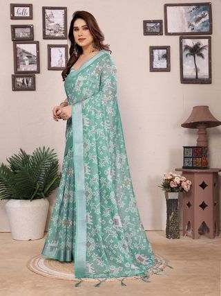 Sea Green Cotton Linen Printed Saree with Woven Border
