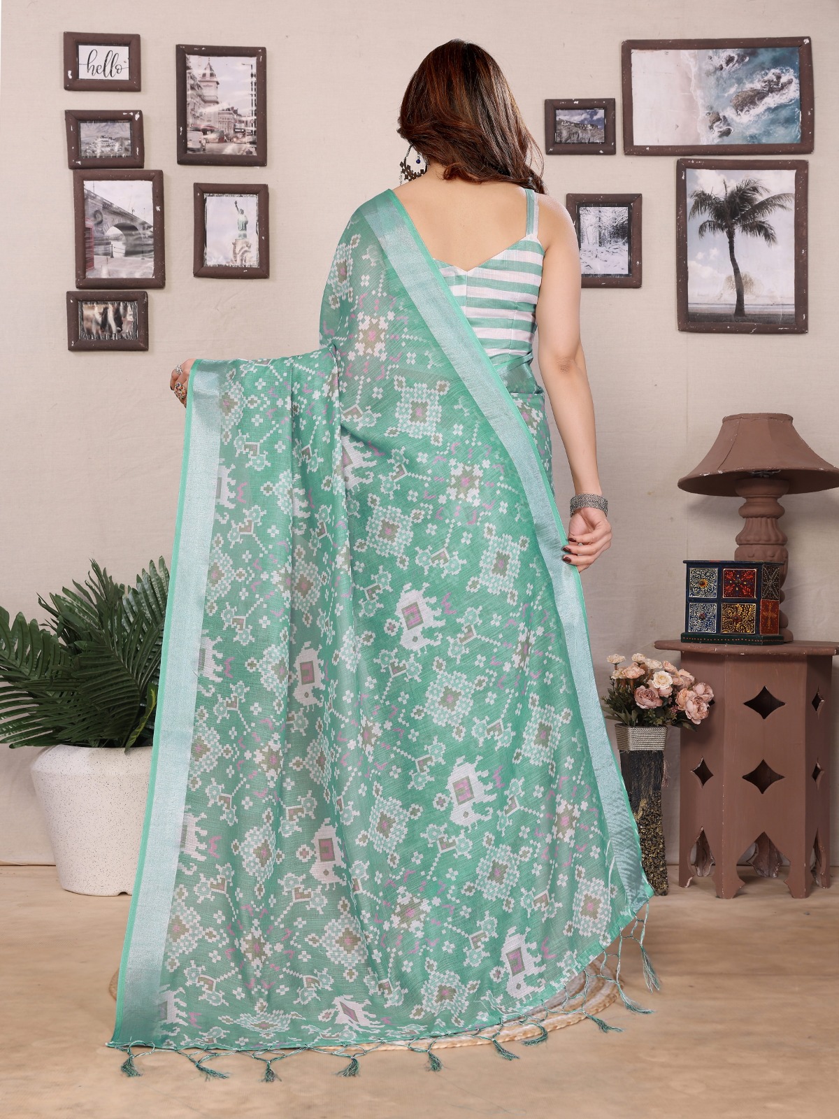Sea Green Cotton Linen Printed Saree with Woven Border