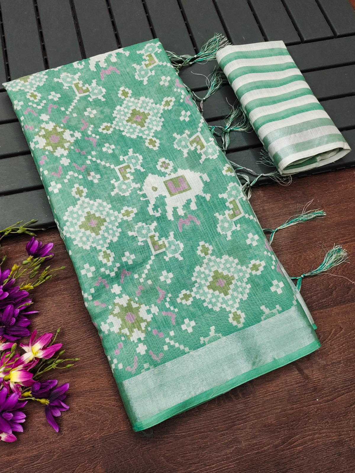 Sea Green Cotton Linen Printed Saree with Woven Border