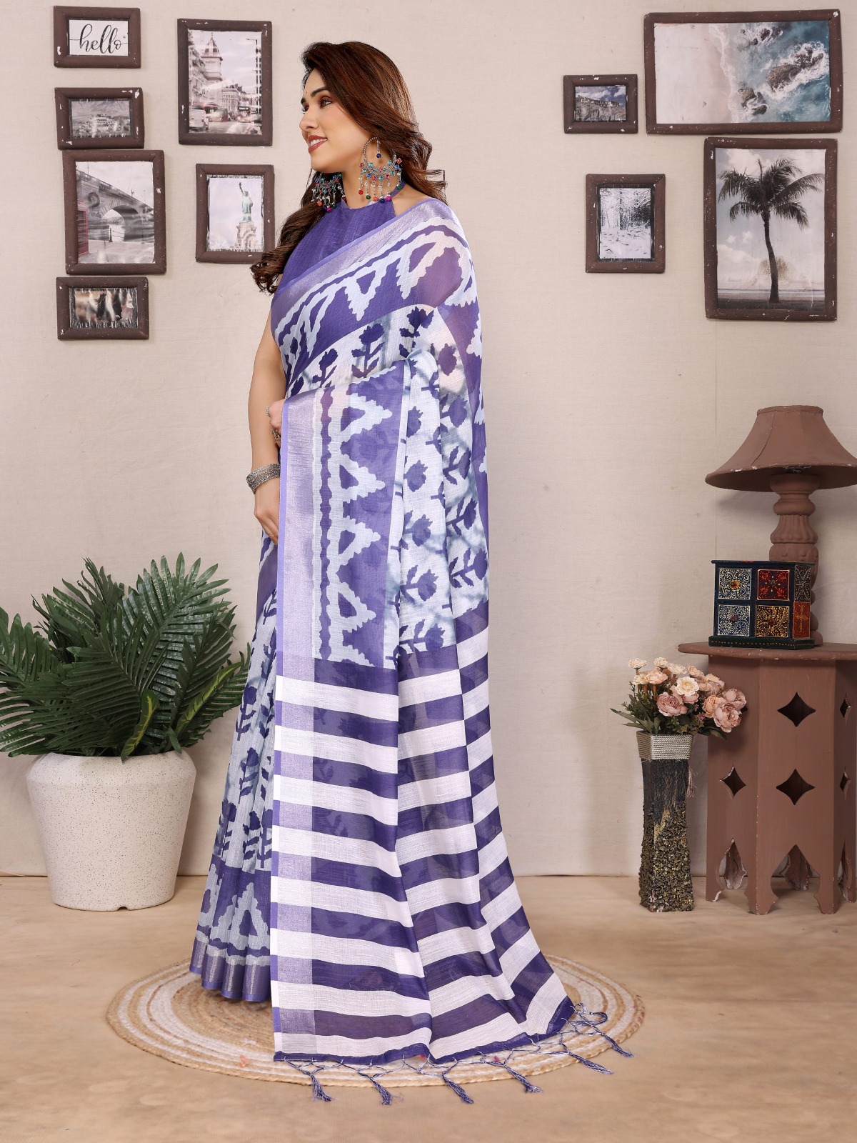 Purple Cotton Linen Printed Saree with Striped Pallu