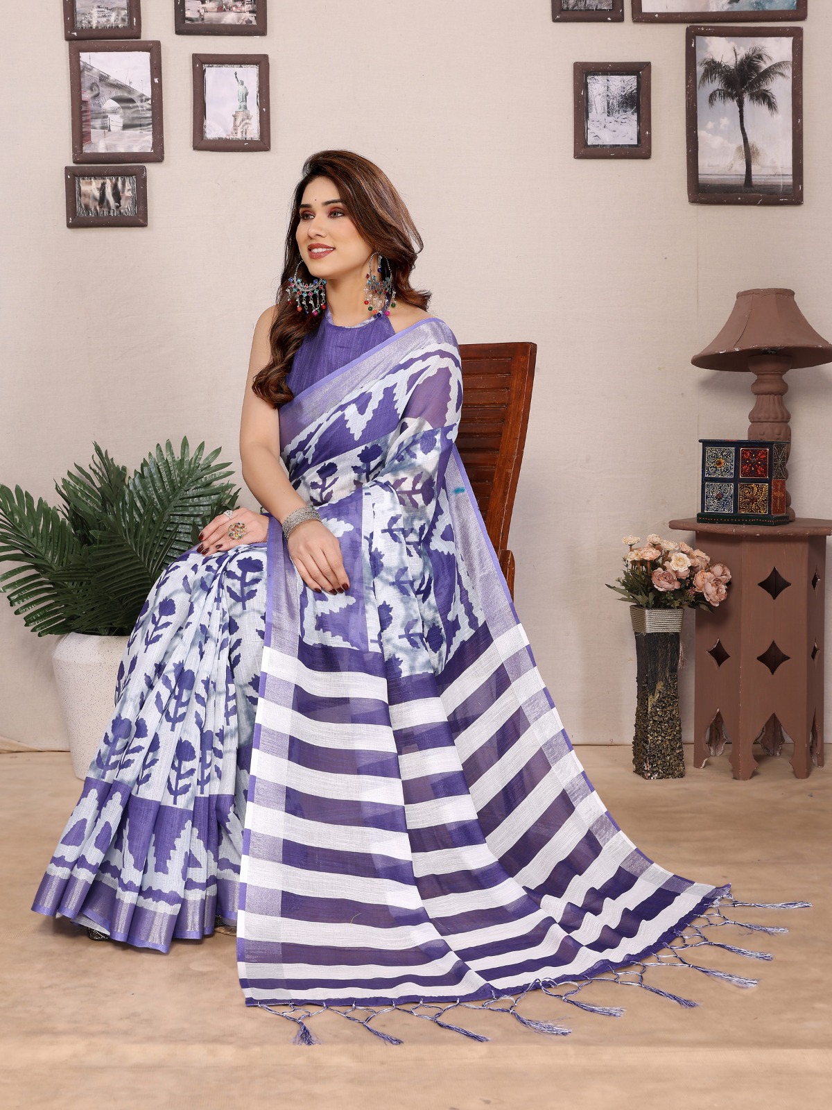 Purple Cotton Linen Printed Saree with Striped Pallu