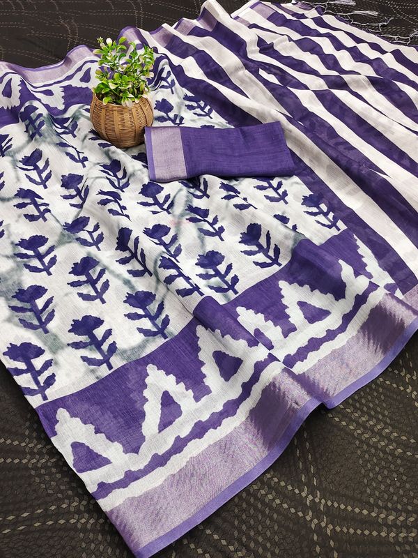 Purple Cotton Linen Printed Saree with Striped Pallu