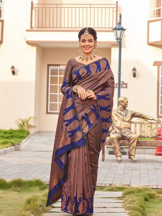 Royal Brown Blue Banarasi Silk Saree with Zari Design