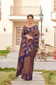 Royal Brown Blue Banarasi Silk Saree with Zari Design - Brown
