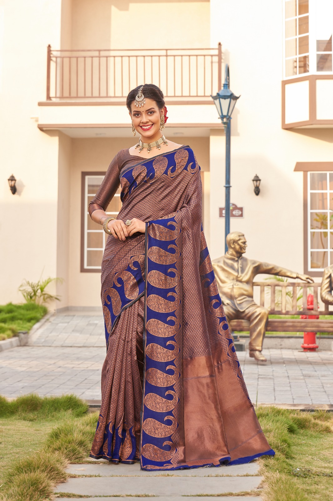 Royal Brown Blue Banarasi Silk Saree with Zari Design