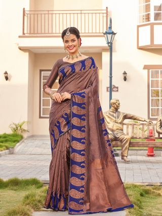 Royal Brown Blue Banarasi Silk Saree with Zari Design