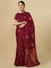 Maroon Banarasi Soft Silk Saree with Classic Zari Motifs - Maroon