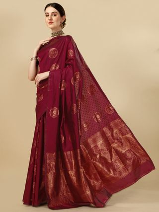 Maroon Banarasi Soft Silk Saree with Classic Zari Motifs