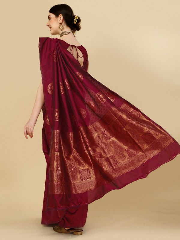 Maroon Banarasi Soft Silk Saree with Classic Zari Motifs