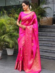 Designer Pink Banarasi Saree with Intricate Zari Motifs - Pink