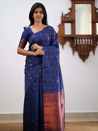 Navy Blue Zari Woven Banarasi Silk Saree Online