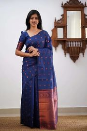 Navy Blue Zari Woven Banarasi Silk Saree Online - Navy