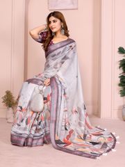 Grey Floral Linen Cotton Saree with Zari Border Style - Gray / Grey