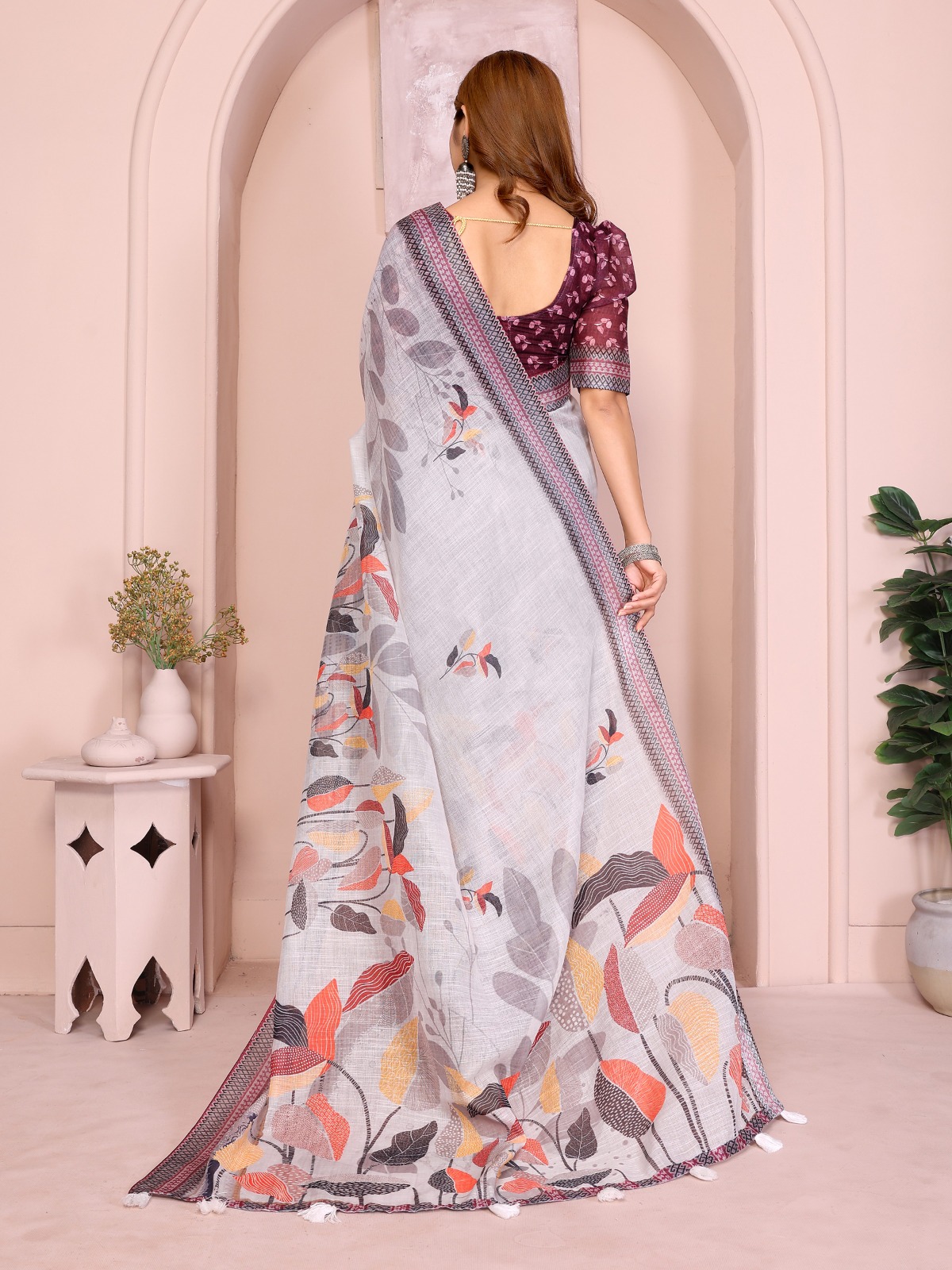 Grey Floral Linen Cotton Saree with Zari Border Style