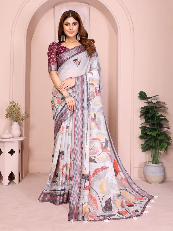 Grey Floral Linen Cotton Saree with Zari Border Style