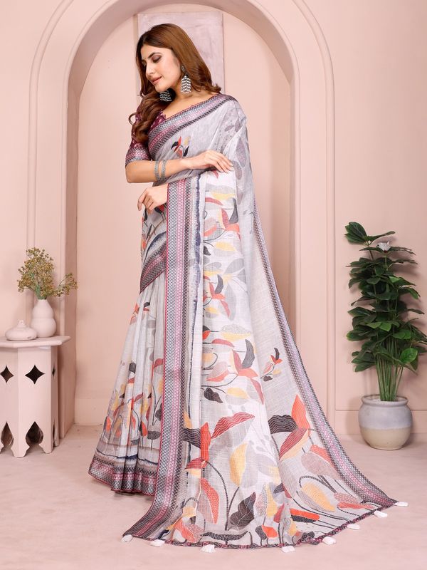 Grey Floral Linen Cotton Saree with Zari Border Style