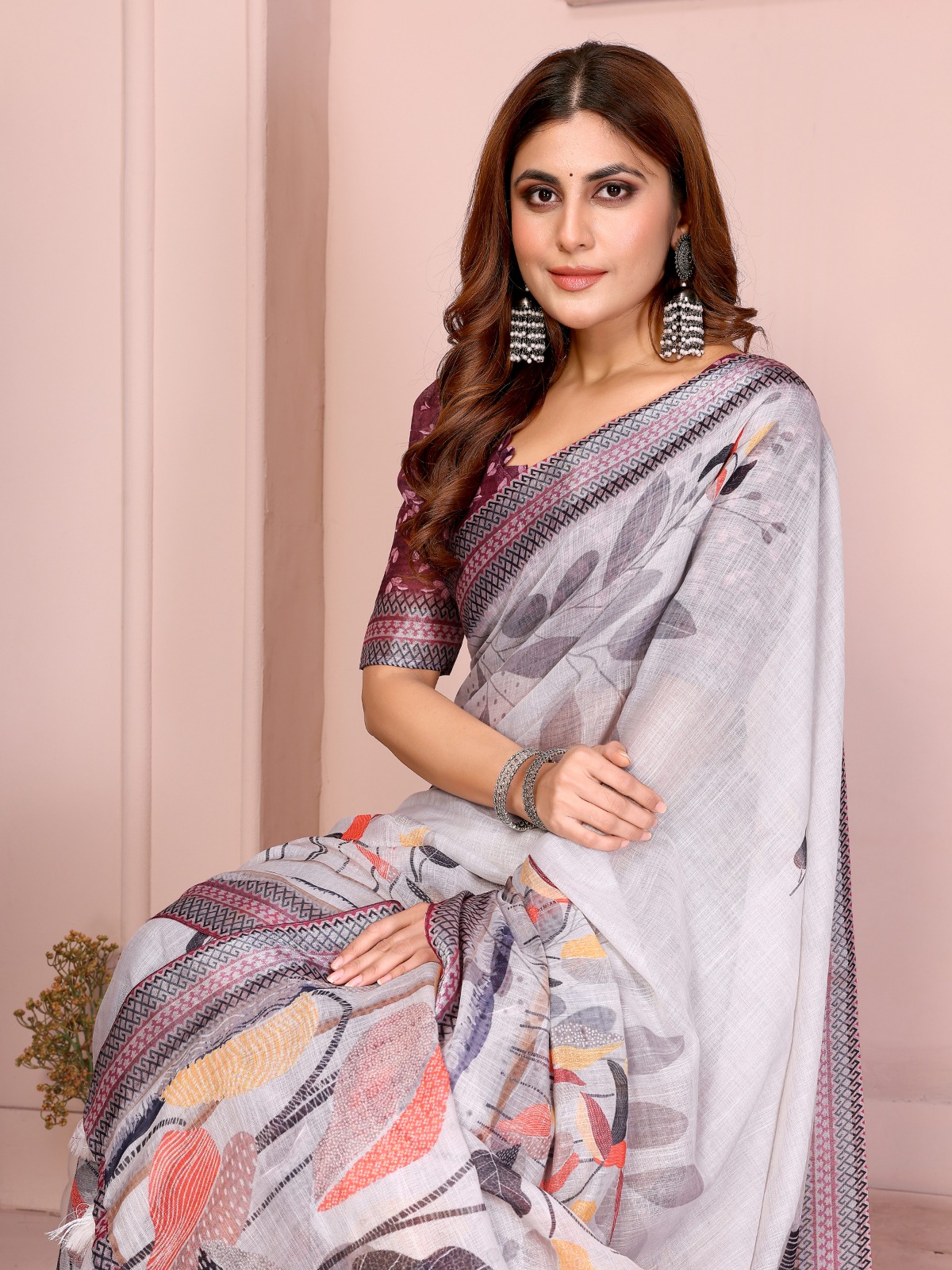 Grey Floral Linen Cotton Saree with Zari Border Style