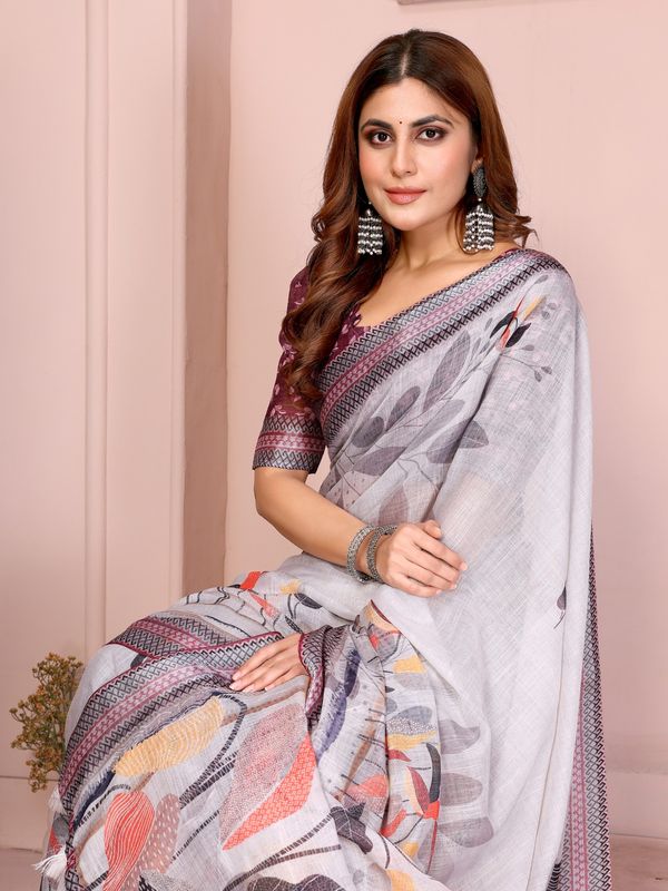 Grey Floral Linen Cotton Saree with Zari Border Style