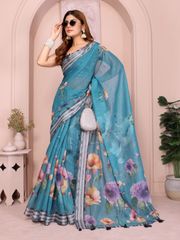 Teal Floral Linen Cotton Saree with Tassel Pallu - Teal