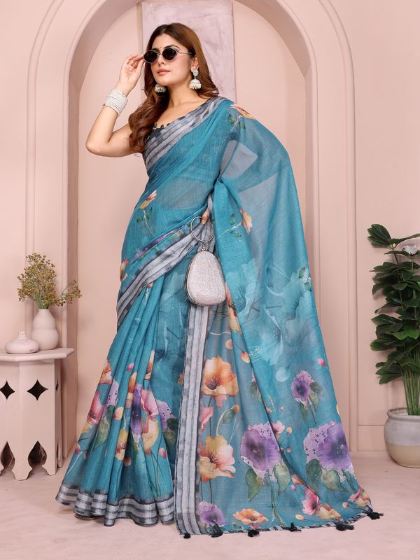 Teal Floral Linen Cotton Saree with Tassel Pallu