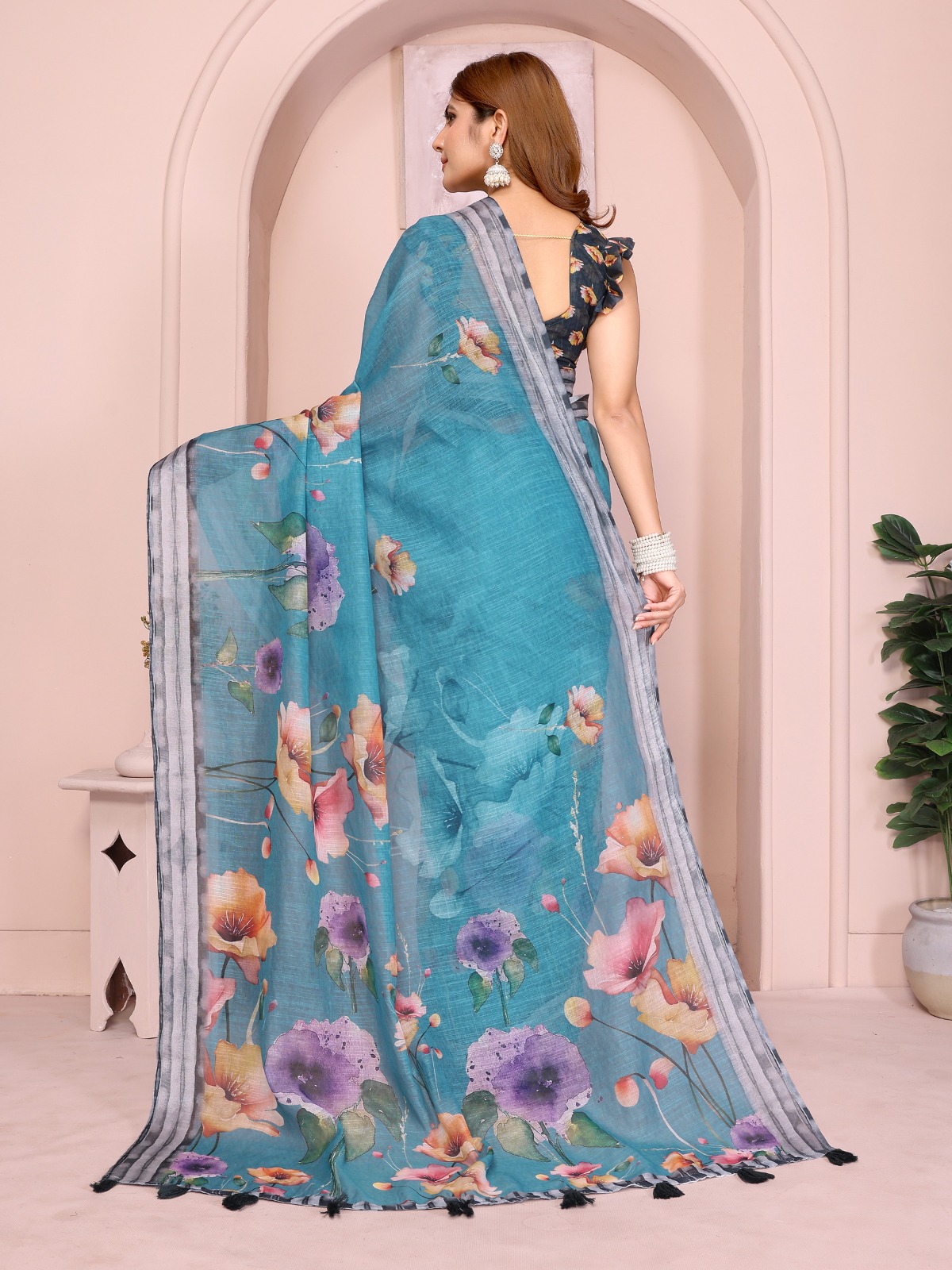 Teal Floral Linen Cotton Saree with Tassel Pallu
