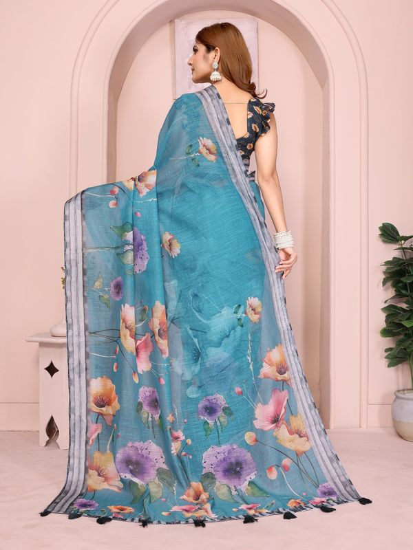 Teal Floral Linen Cotton Saree with Tassel Pallu