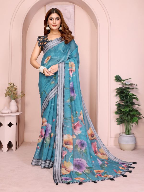 Teal Floral Linen Cotton Saree with Tassel Pallu