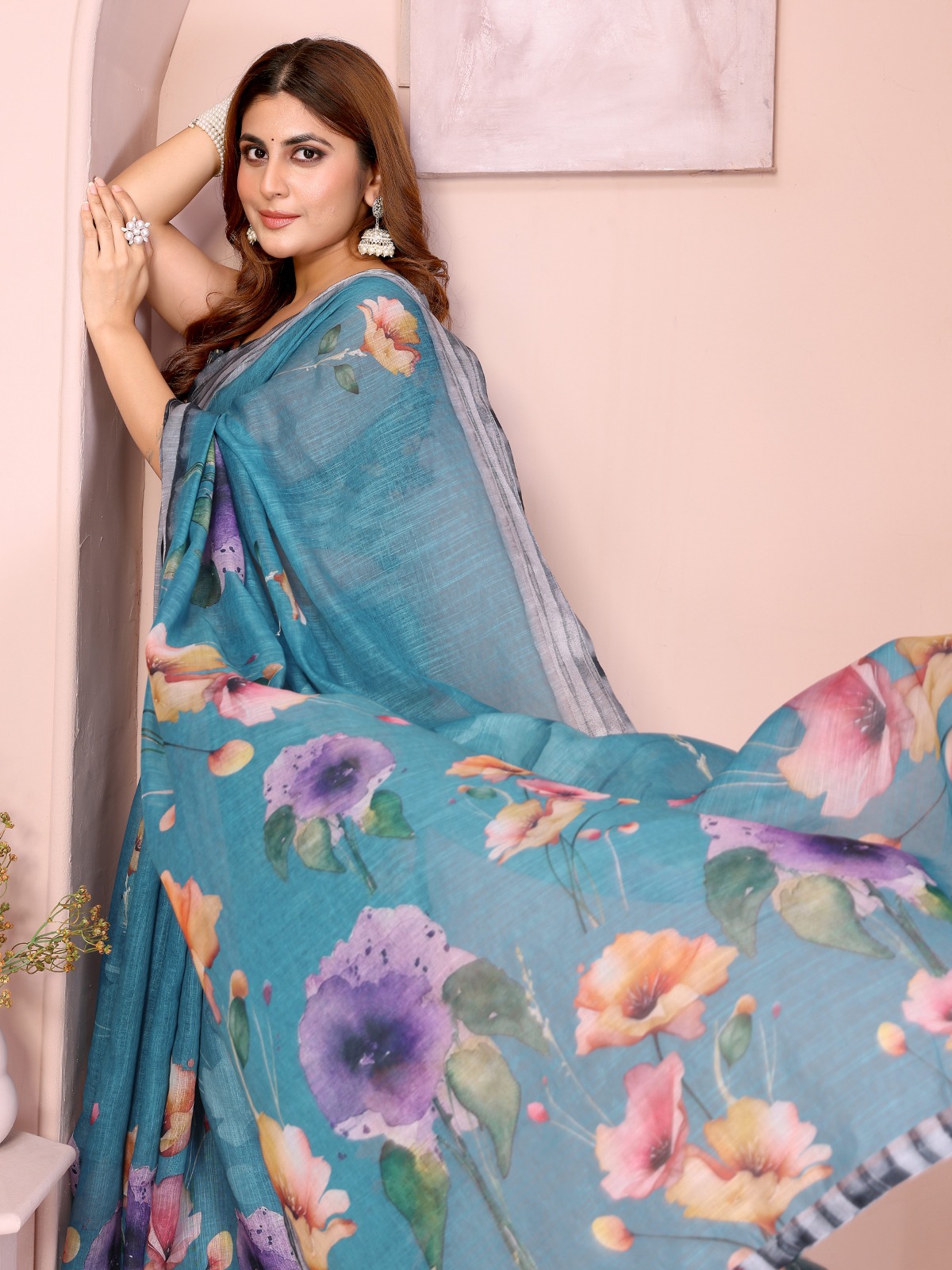 Teal Floral Linen Cotton Saree with Tassel Pallu
