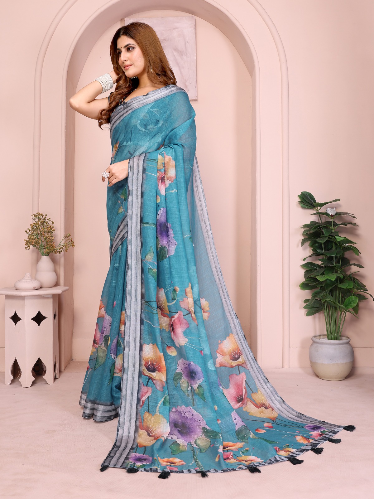 Teal Floral Linen Cotton Saree with Tassel Pallu