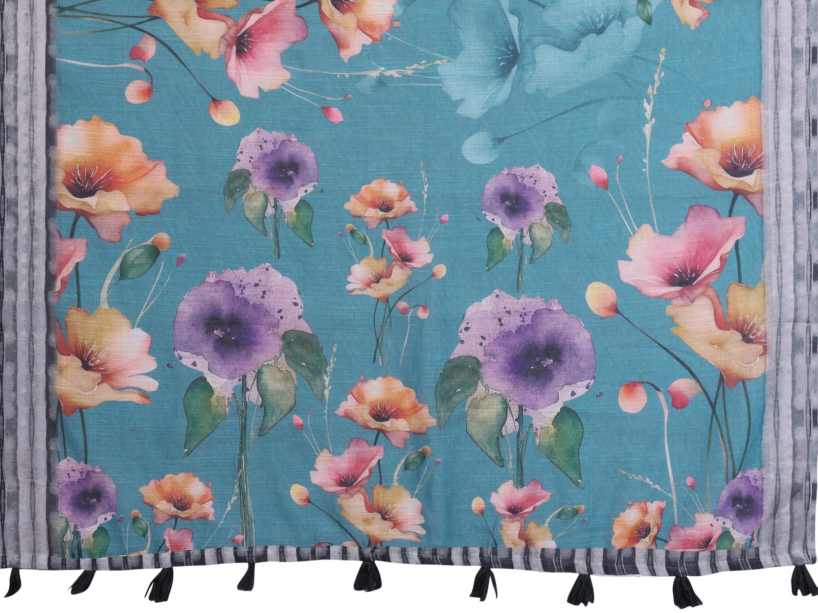 Teal Floral Linen Cotton Saree with Tassel Pallu