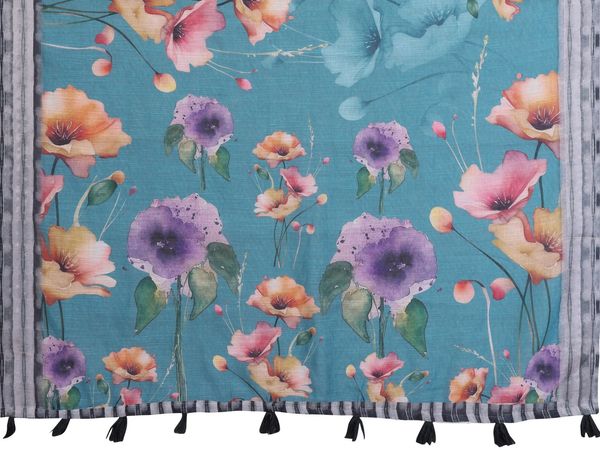 Teal Floral Linen Cotton Saree with Tassel Pallu