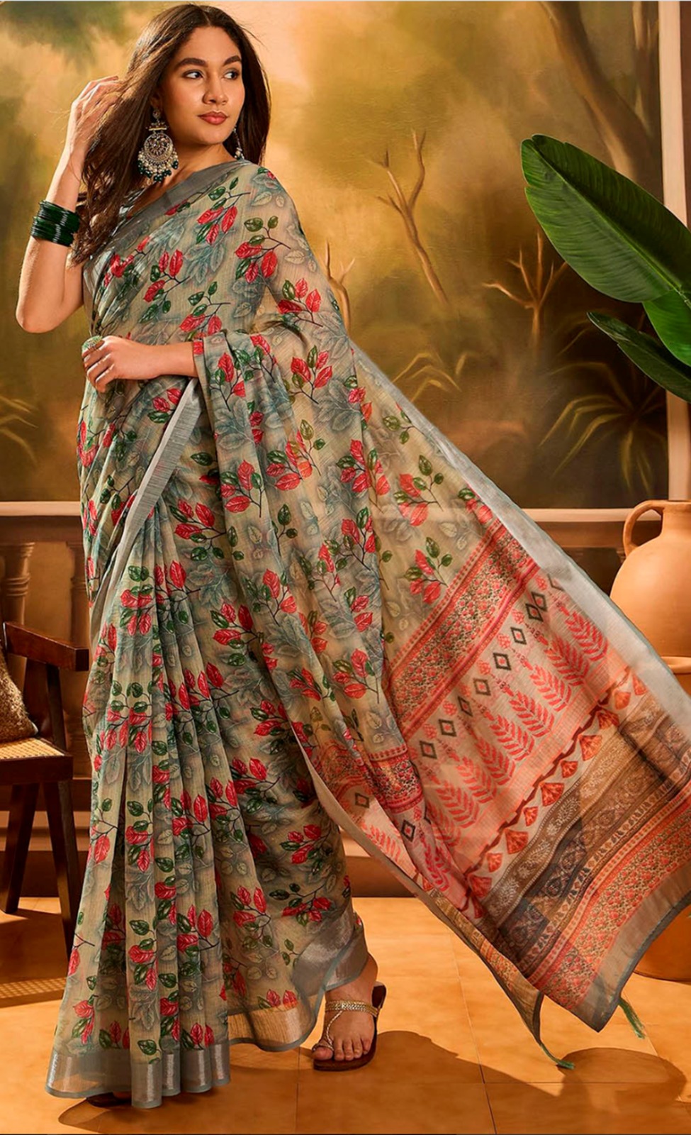 Olive Floral Linen Cotton Saree with Zari Border Style