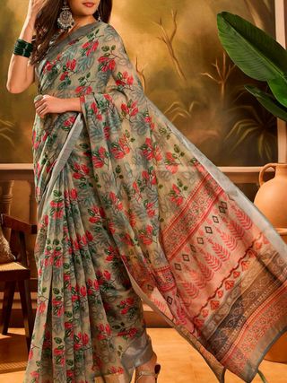Olive Floral Linen Cotton Saree with Zari Border Style