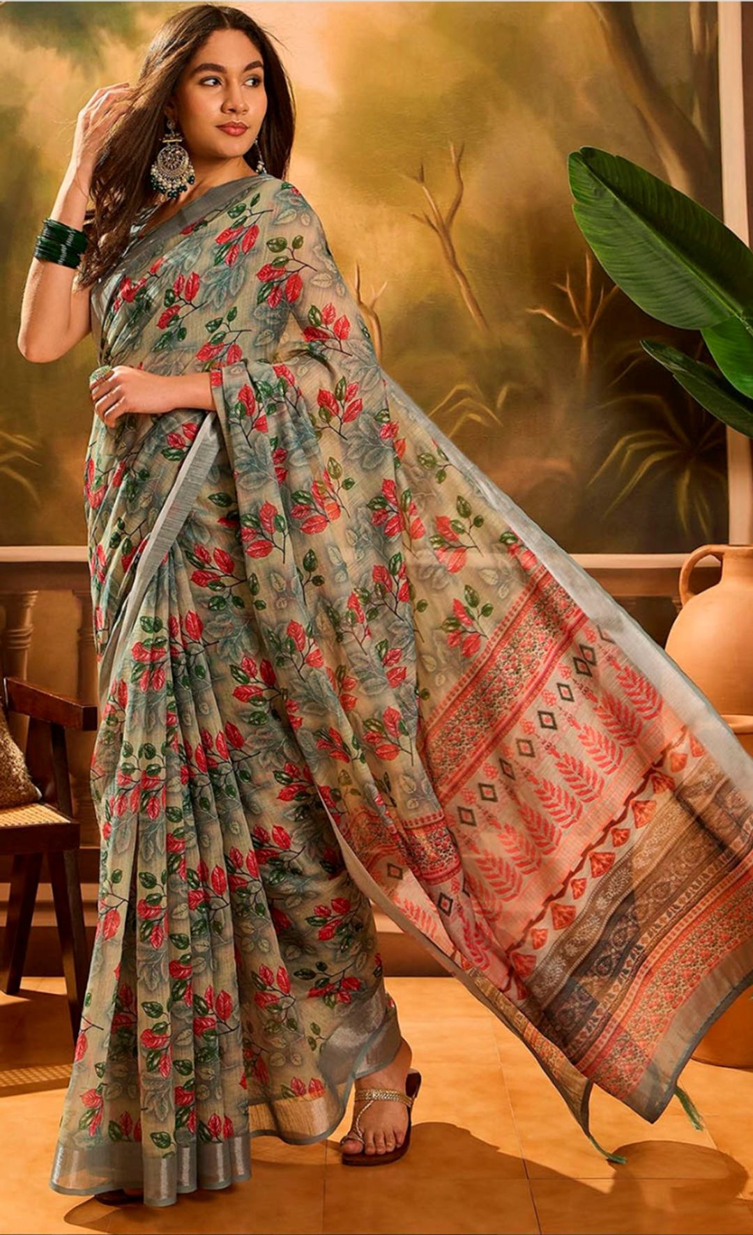 Olive Floral Linen Cotton Saree with Zari Border Style