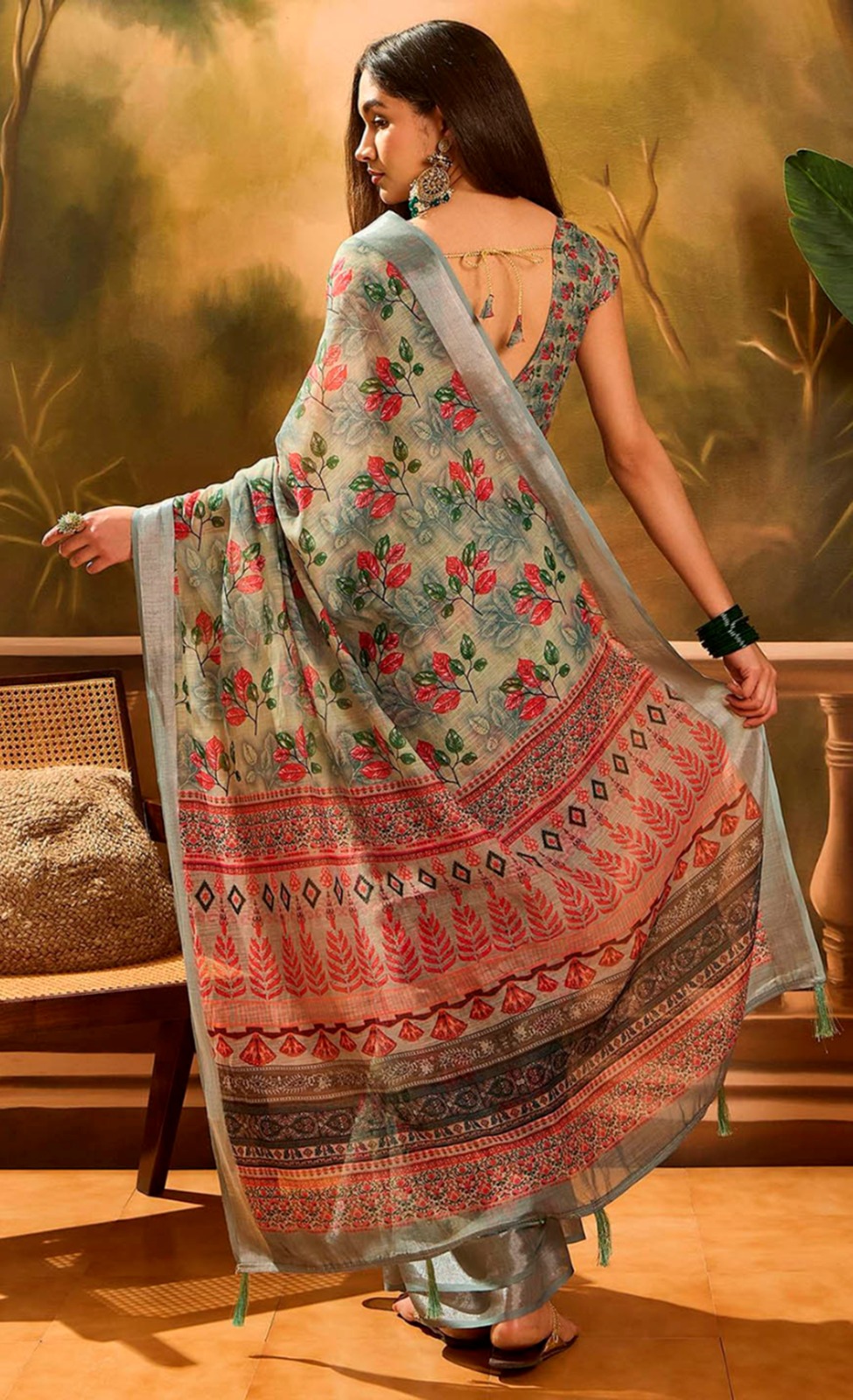 Olive Floral Linen Cotton Saree with Zari Border Style