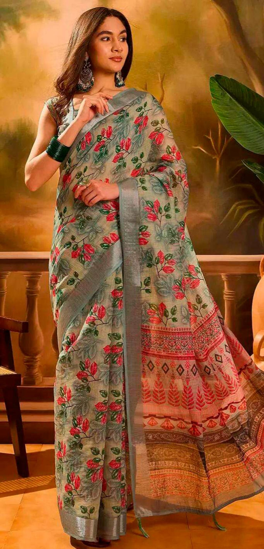 Olive Floral Linen Cotton Saree with Zari Border Style