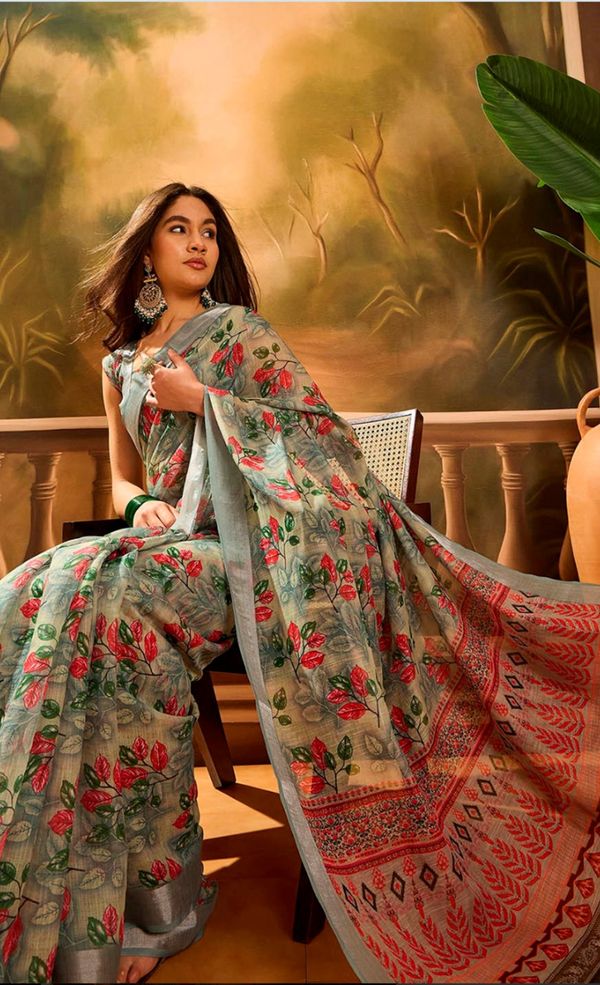 Olive Floral Linen Cotton Saree with Zari Border Style