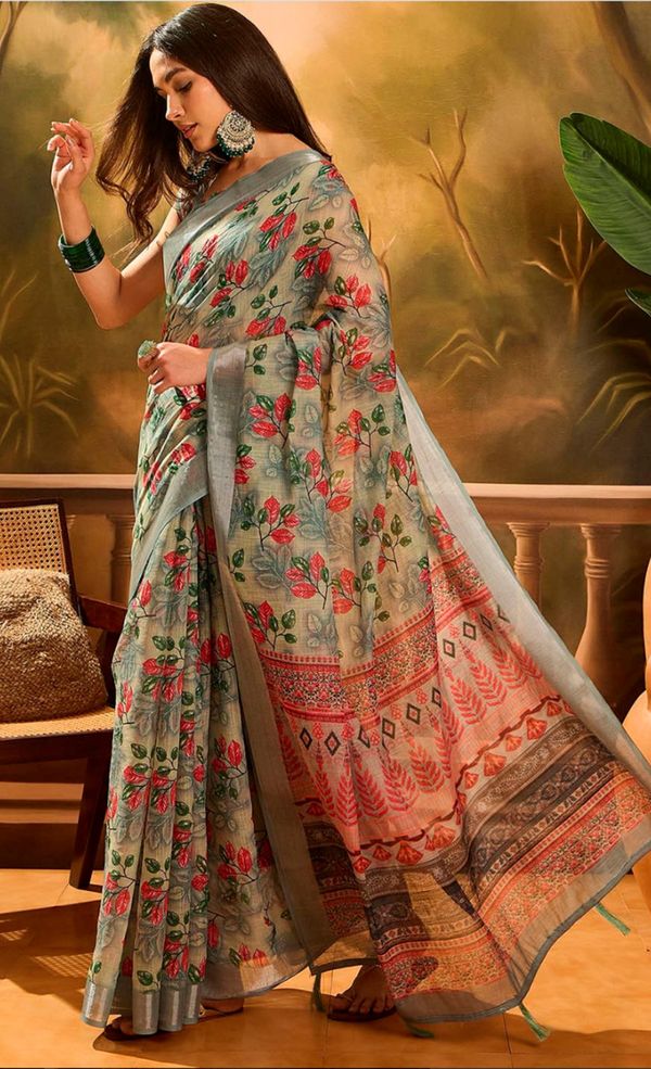 Olive Floral Linen Cotton Saree with Zari Border Style