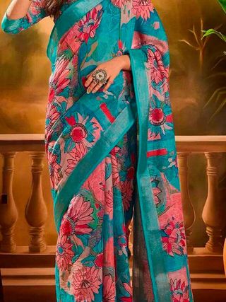 Teal Pink Floral Linen Cotton Saree with Zari Border
