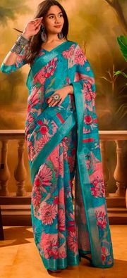 Teal Pink Floral Linen Cotton Saree with Zari Border - Teal