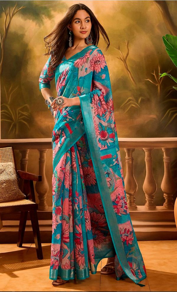 Teal Pink Floral Linen Cotton Saree with Zari Border