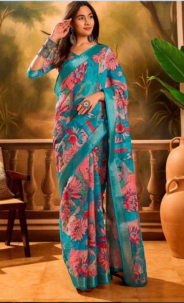 Teal Pink Floral Linen Cotton Saree with Zari Border