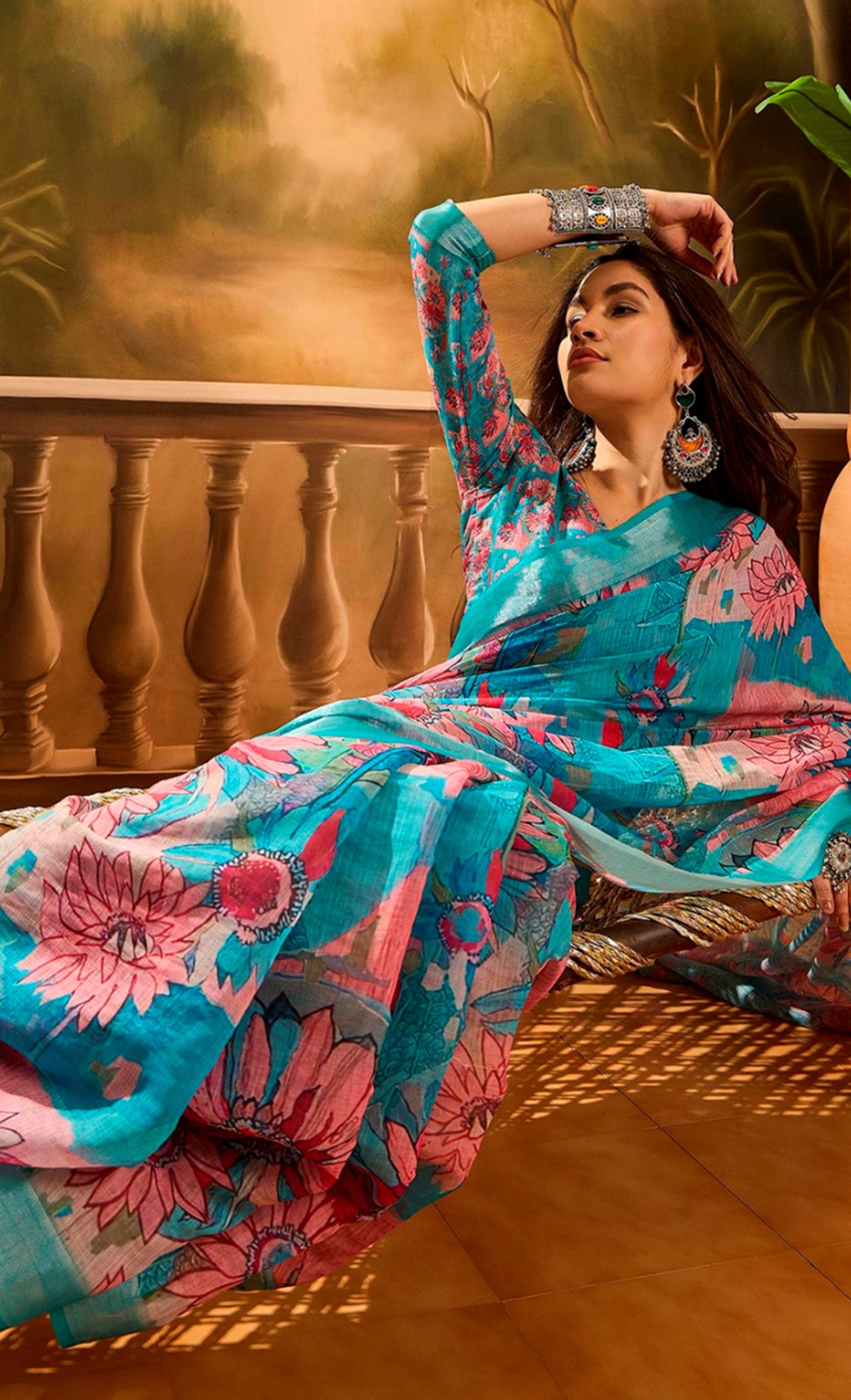 Teal Pink Floral Linen Cotton Saree with Zari Border