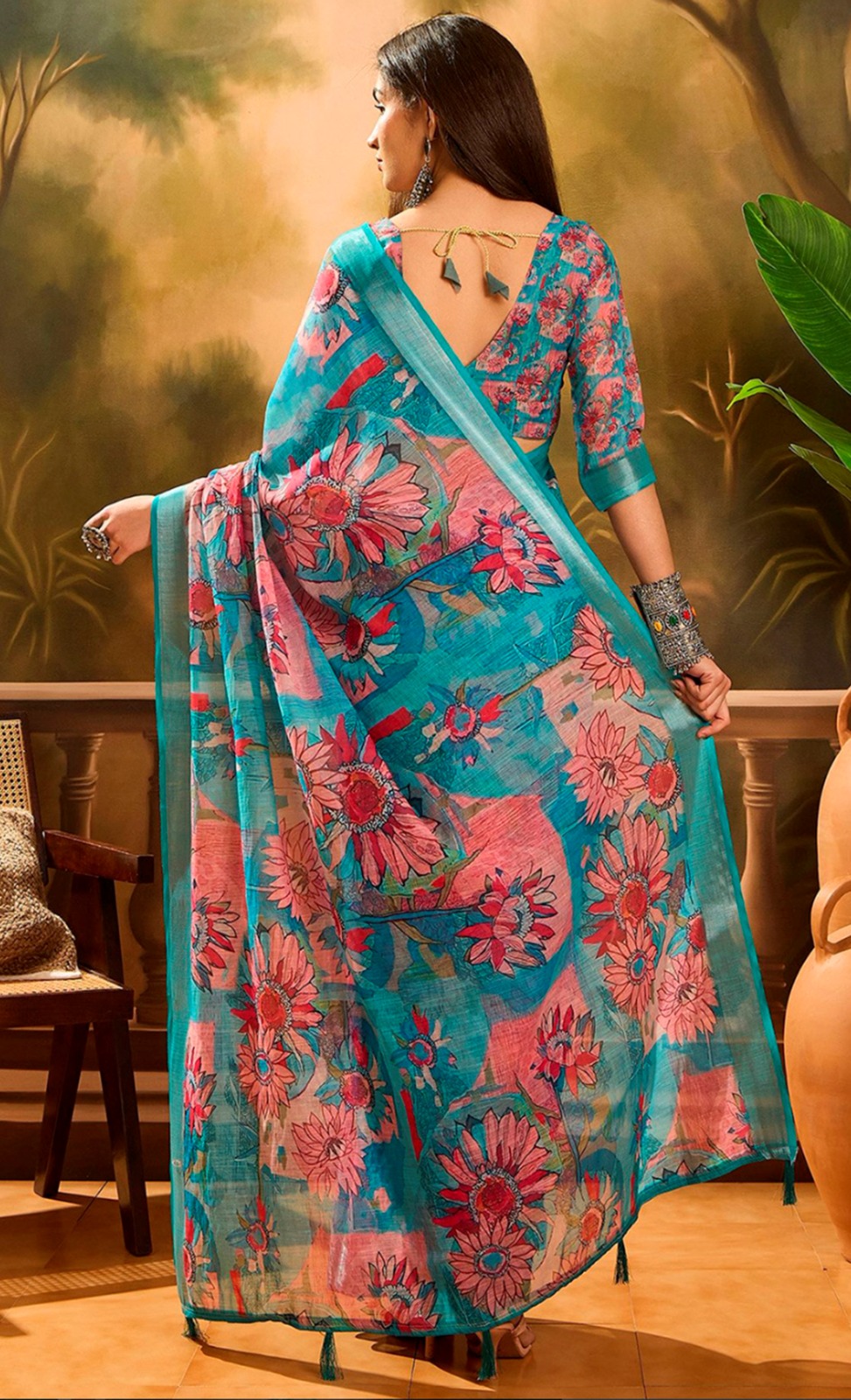 Teal Pink Floral Linen Cotton Saree with Zari Border