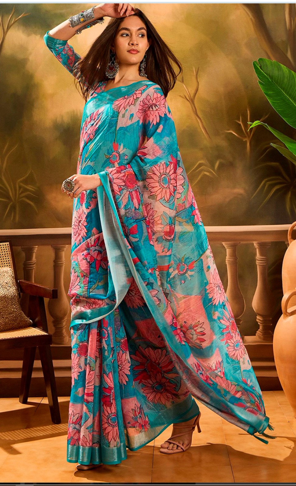 Teal Pink Floral Linen Cotton Saree with Zari Border