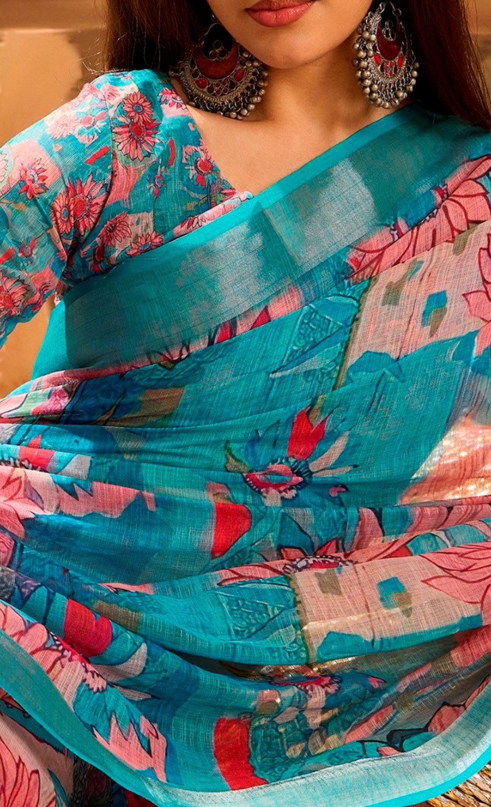 Teal Pink Floral Linen Cotton Saree with Zari Border